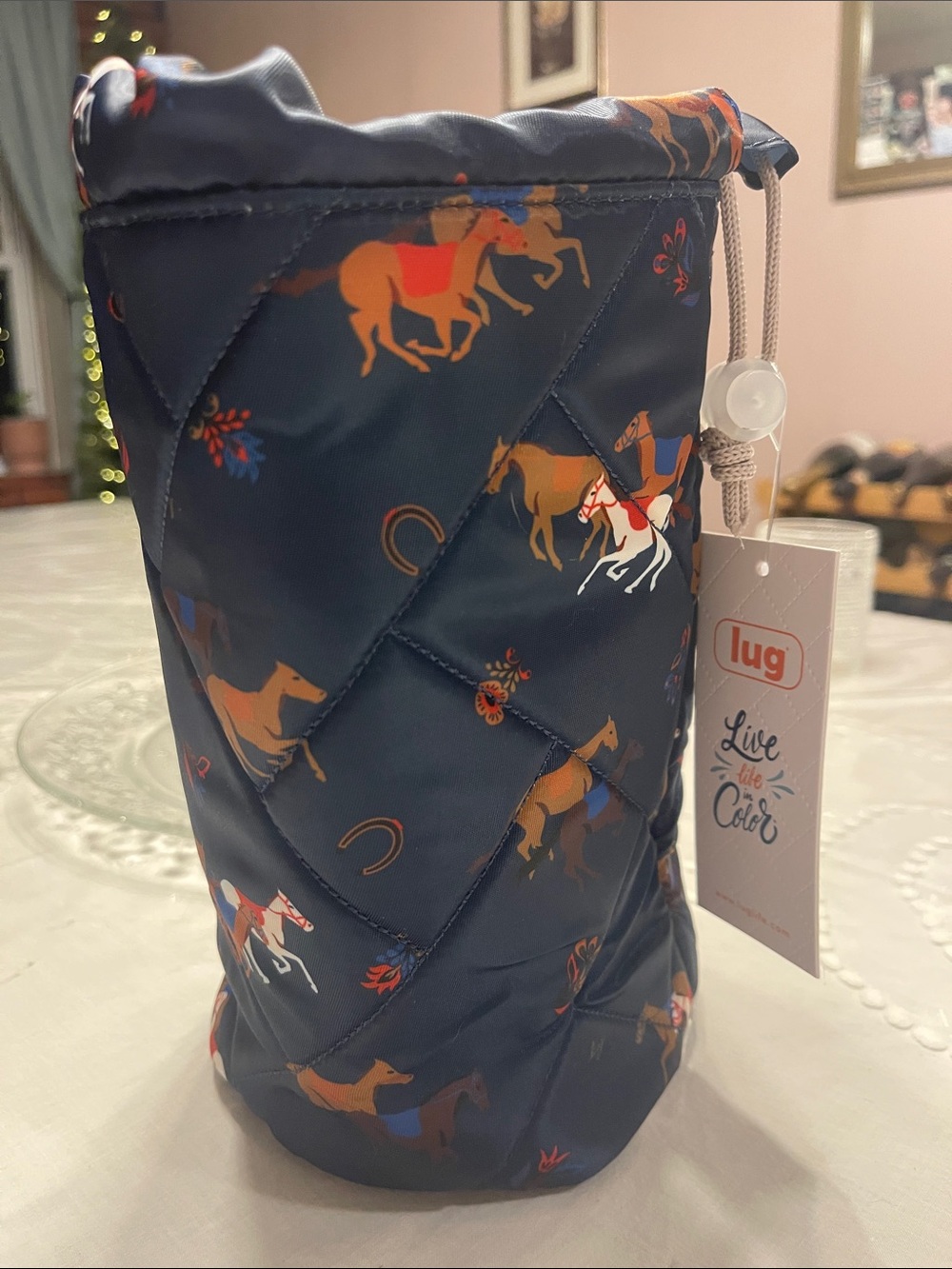 lug Navy Quilted Bottle Carrier with Equestrian Horse Print